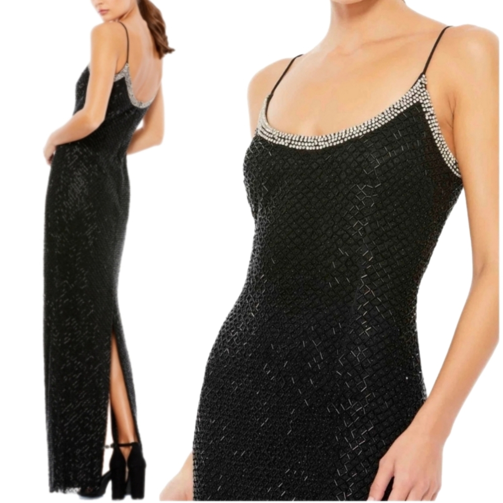 NWT Mac Duggal 93551 Scoop Neck Signature Black Dress Full Length Gown Sz 10